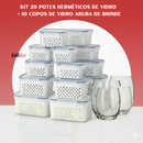 Kit de 20 Potes Herméticos de Vidro + BRINDE: 10 Copos de Vidro Aruba
